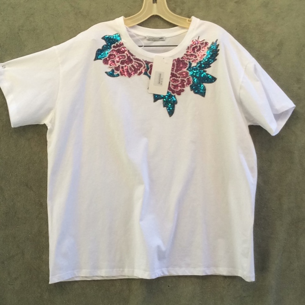Women Zara W/B T-Shirt XXL White 100% Cotton